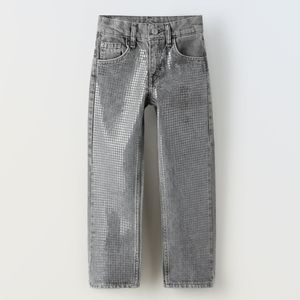 Zara Girls Rhinestone Gray Button Top Denim